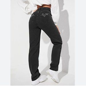 *Shein Black Fire Embroidery High Waist Straight Jeans